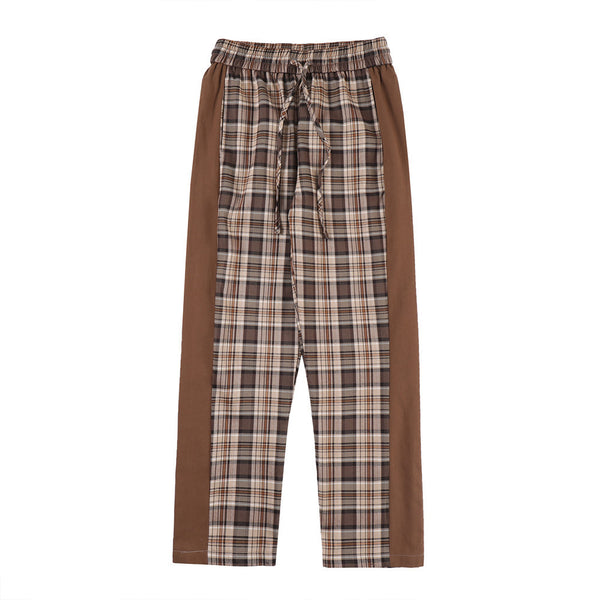 Contrast Elastic Waist Straight Panel Plaid Casual Pants