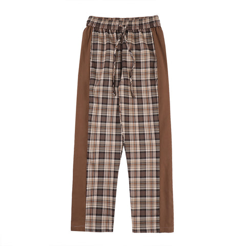Contrast Elastic Waist Straight Panel Plaid Casual Pants