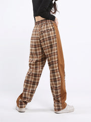 Contrast Elastic Waist Straight Panel Plaid Casual Pants