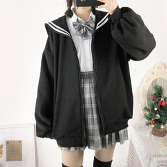 Oversized Sweatshirt Zip-Up Hoodie Sailor-Collar Japanese Streetwear Qweek Soft Girl