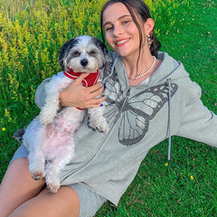 Fashion Oversized Butterfly Graphic Rhinestone Zip Up Hoodies E-girl 90s Streetwear Diamond Grey Long Jacket Autumn