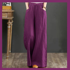 Pure Linen Plus Size Wide Leg Pants Women Drawstring Elastic