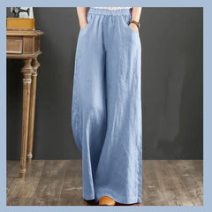 Pure Linen Plus Size Wide Leg Pants Women Drawstring Elastic