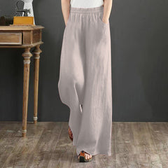 Pure Linen Plus Size Wide Leg Pants Women Drawstring Elastic