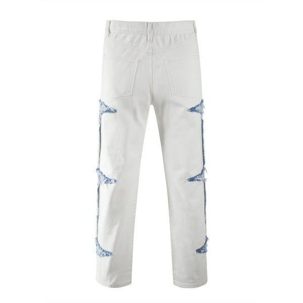 Contrast Ripped Panel Casual Jeans Straight Pants