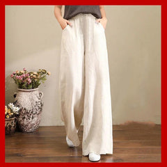 Pure Linen Plus Size Wide Leg Pants Women Drawstring Elastic