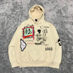 Cartoon Line Draft Graffiti Retro Preppy Style Heavy Hoodie For Men And Women