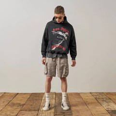 Metal Angel Print Distressed Oversized Hoodie