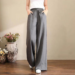 Pure Linen Plus Size Wide Leg Pants Women Drawstring Elastic
