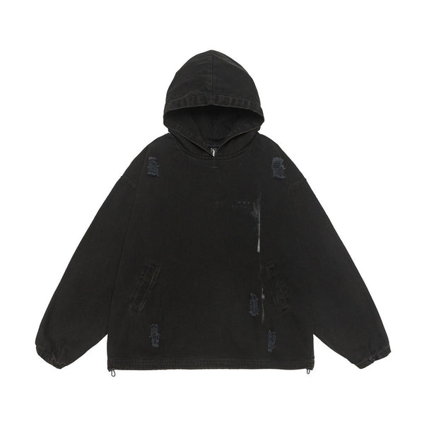 Punk Waste Soil Washed And Worn Worn Hooded Pullover Denim Hoodie