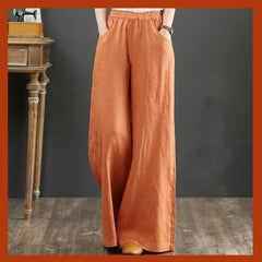 Pure Linen Plus Size Wide Leg Pants Women Drawstring Elastic